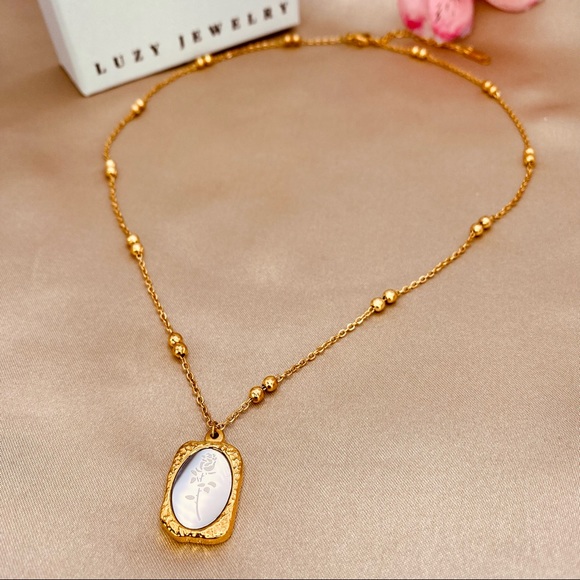 18K Gold PVD Coating Mirror Effect Rose Pendant Beaded Dainty Chain Necklace - Picture 8 of 13